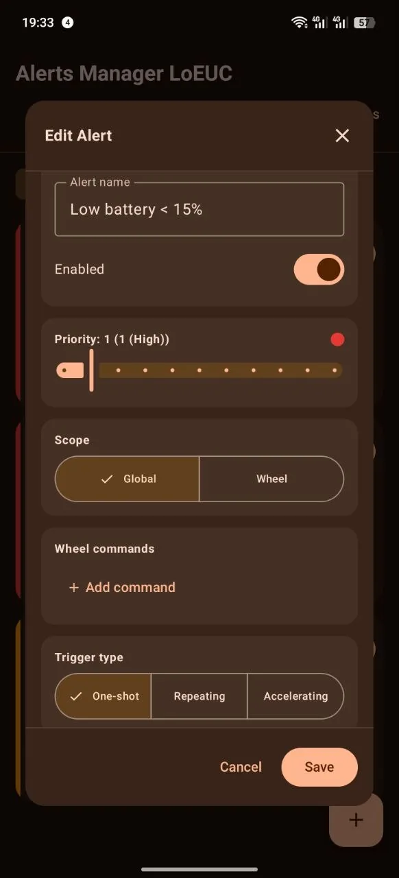 The alert editor: name, priority, scope, wheel commands, trigger type
